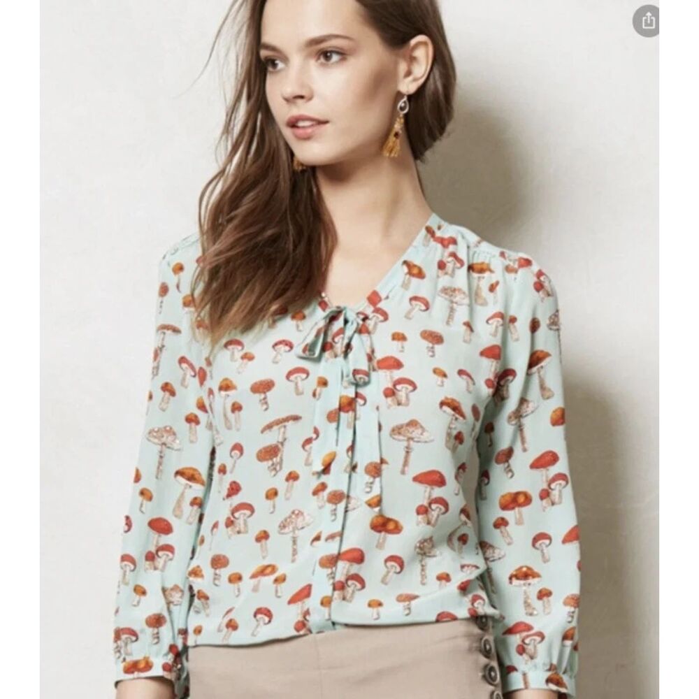 Moulinette Soeurs Anthropologie Rare Silk Blouse 8 Blue Mushroom Whimsy Cottage